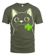 Adorable Black Cat Clover Lucky Charm Cartoon T Shirt - military green t-shirt on white background