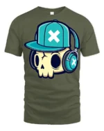 DJ Skull With Headphones Urban Style Graphic Tee Shirt - military green t-shirt on white background