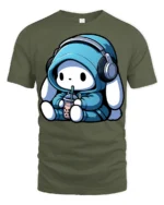 Kawaii Bunny With Headphones Drinking Boba T Shirt - military green t-shirt on white background
