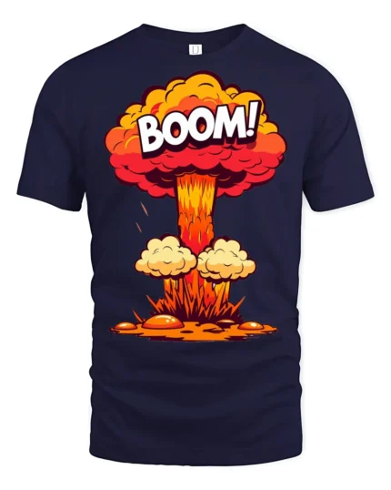 Funny Boom Explosion Cartoon Blast Graphic T Shirt - navy t-shirt on white background