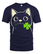Adorable Black Cat Clover Lucky Charm Cartoon T Shirt - navy t-shirt on white background