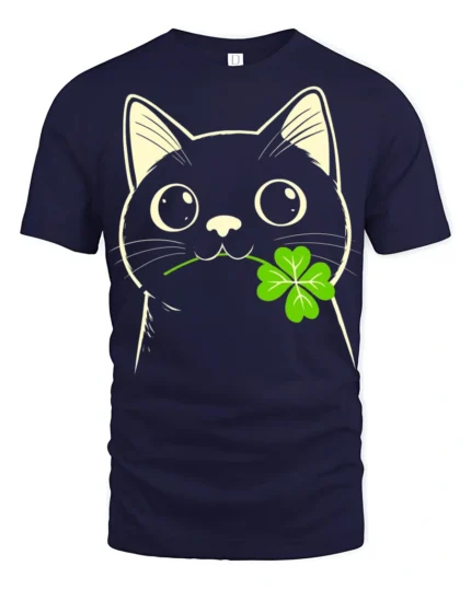Adorable Black Cat Clover Lucky Charm Cartoon T Shirt - navy t-shirt on white background