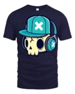 DJ Skull With Headphones Urban Style Graphic Tee Shirt - navy t-shirt on white background