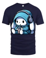 Kawaii Bunny With Headphones Drinking Boba T Shirt - navy t-shirt on white background