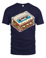 Retro Cassette Sandwich Funny Vintage Food Music T Shirt - navy t-shirt on white background