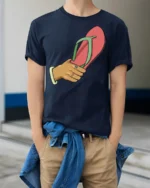 Funny Flip Flop Slap Meme Humor Summer Vibes T Shirt - model wearing navy tee with hands in pockets