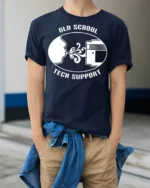 Old School Tech Support Blow Cartridge Funny Retro T Shirt - model wearing navy tee with hands in pockets