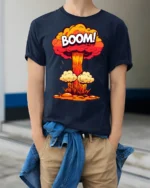 Funny Boom Explosion Cartoon Blast Graphic T Shirt - model wearing navy tee with hands in pockets
