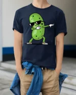 Cool Pickle Dab Dance Funny Cartoon Meme Graphic T Shirt - model wearing navy tee with hands in pockets