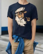 Vintage Sailor Captain Smoking Pipe Retro Nautical T Shirt - model wearing navy tee with hands in pockets