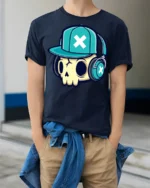 DJ Skull With Headphones Urban Style Graphic Tee Shirt - model wearing navy tee with hands in pockets