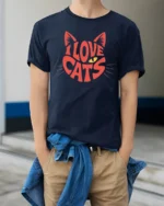 Adorable I Love Cats Cute Kitty Lover Graphic T Shirt - model wearing navy tee with hands in pockets