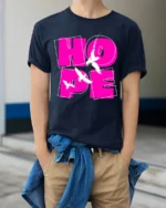 Bold Hope Word Graphic T Shirt With Flying Birds Design - model wearing navy tee with hands in pockets