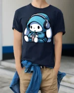 Kawaii Bunny With Headphones Drinking Boba T Shirt - model wearing navy tee with hands in pockets