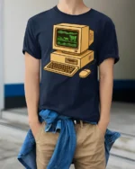 Retro Computer Oregon Trail Style Vintage Gamer T Shirt - model wearing navy tee with hands in pockets