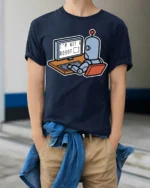 Im Not A Robot Funny Programmer Nerd Tech Humor T Shirt - model wearing navy tee with hands in pockets