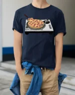 Funny Pizza DJ Turntable Music Lover Foodie T Shirt - model wearing navy tee with hands in pockets