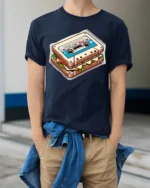 Retro Cassette Sandwich Funny Vintage Food Music T Shirt - model wearing navy tee with hands in pockets