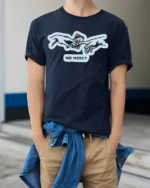 No Mercy UNO Reverse Card Funny Meme Game T Shirt - model wearing navy tee with hands in pockets