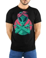 Hip Hop Alien Gangster Style Funny Graphic Tee Shirt - model wearing black tee with hands behind back