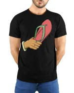 Funny Flip Flop Slap Meme Humor Summer Vibes T Shirt - model wearing black tee with hands behind back