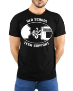 Old School Tech Support Blow Cartridge Funny Retro T Shirt - model wearing black tee with hands behind back