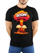 Funny Boom Explosion Cartoon Blast Graphic T Shirt - model wearing black tee with hands behind back
