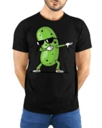 Cool Pickle Dab Dance Funny Cartoon Meme Graphic T Shirt - model wearing black tee with hands behind back