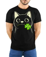 Adorable Black Cat Clover Lucky Charm Cartoon T Shirt - model wearing black tee with hands behind back