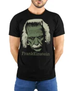 FrankEinstein Funny Scientist Monster Mashup Graphic T Shirt - model wearing black tee with hands behind back