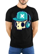 DJ Skull With Headphones Urban Style Graphic Tee Shirt - model wearing black tee with hands behind back