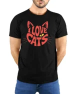 Adorable I Love Cats Cute Kitty Lover Graphic T Shirt - model wearing black tee with hands behind back