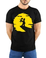 Cute Father And Child Sunset Moment Cartoon Graphic T Shirt - model wearing black tee with hands behind back