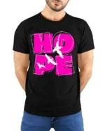 Bold Hope Word Graphic T Shirt With Flying Birds Design - model wearing black tee with hands behind back