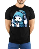 Kawaii Bunny With Headphones Drinking Boba T Shirt - model wearing black tee with hands behind back
