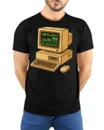 Retro Computer Oregon Trail Style Vintage Gamer T Shirt - model wearing black tee with hands behind back