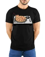 Funny Pizza DJ Turntable Music Lover Foodie T Shirt - model wearing black tee with hands behind back