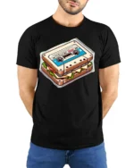 Retro Cassette Sandwich Funny Vintage Food Music T Shirt - model wearing black tee with hands behind back