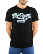 No Mercy UNO Reverse Card Funny Meme Game T Shirt - model wearing black tee with hands behind back