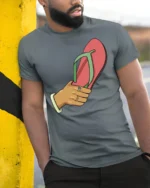 Funny Flip Flop Slap Meme Humor Summer Vibes T Shirt - model wearing grey tee, leaning on column
