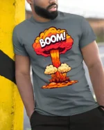Funny Boom Explosion Cartoon Blast Graphic T Shirt - model wearing grey tee, leaning on column