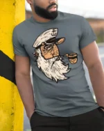 Vintage Sailor Captain Smoking Pipe Retro Nautical T Shirt - model wearing grey tee, leaning on column