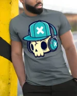 DJ Skull With Headphones Urban Style Graphic Tee Shirt - model wearing grey tee, leaning on column