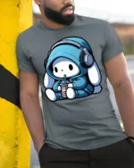 Kawaii Bunny With Headphones Drinking Boba T Shirt - model wearing grey tee, leaning on column