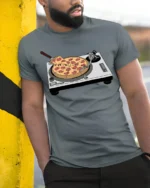 Funny Pizza DJ Turntable Music Lover Foodie T Shirt - model wearing grey tee, leaning on column