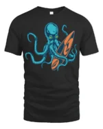 Cool Octopus Surfboard Beach Wave Graphic Tee Design - black t-shirt on white background