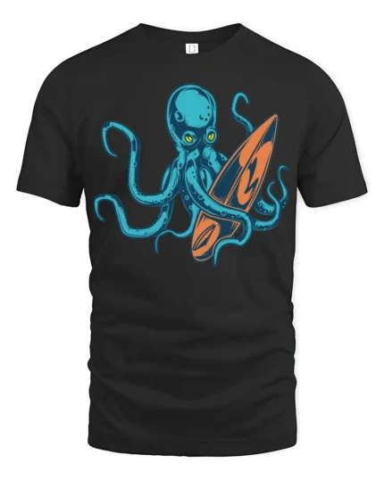 Cool Octopus Surfboard Beach Wave Graphic Tee Design - black t-shirt on white background