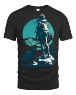 Lone Hiker With Wolf Mountain Adventure Nature Graphic Tee - black t-shirt on white background