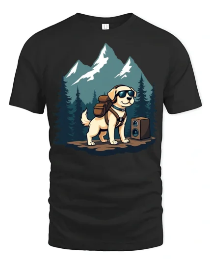 Adventure Dog Hiking Backpack Mountain Explorer Graphic Tee - black t-shirt on white background