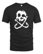 Skull Fishing Hooks Pirate Style Funny Graphic Tee - black t-shirt on white background